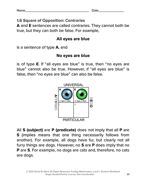 Introduction to Logic, Prodigy Mathematics Level 1 Student Workbook, Lessons 1-7