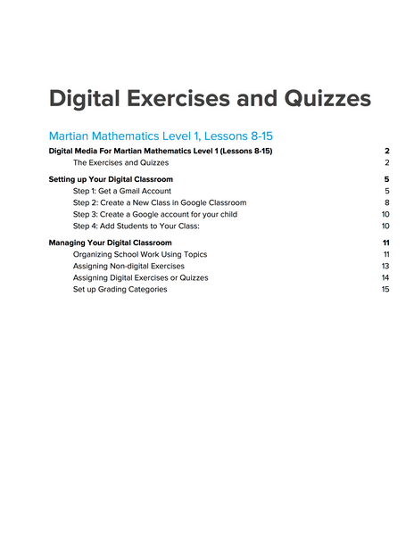 Level 1 Digital Exercises and Quizzes, Lessons 8-15