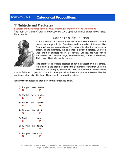 Introduction to Logic, Prodigy Mathematics Level 1 Teacher's Guide, Lessons 1-7