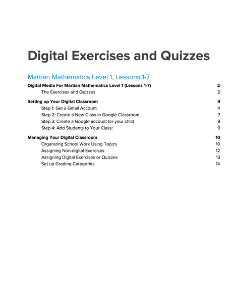 Level 1 Digital Exercises and Quizzes, Lessons 1-7
