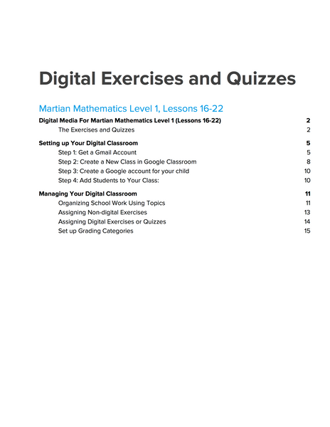 Level 1 Digital Exercises and Quizzes, Lessons 16-22